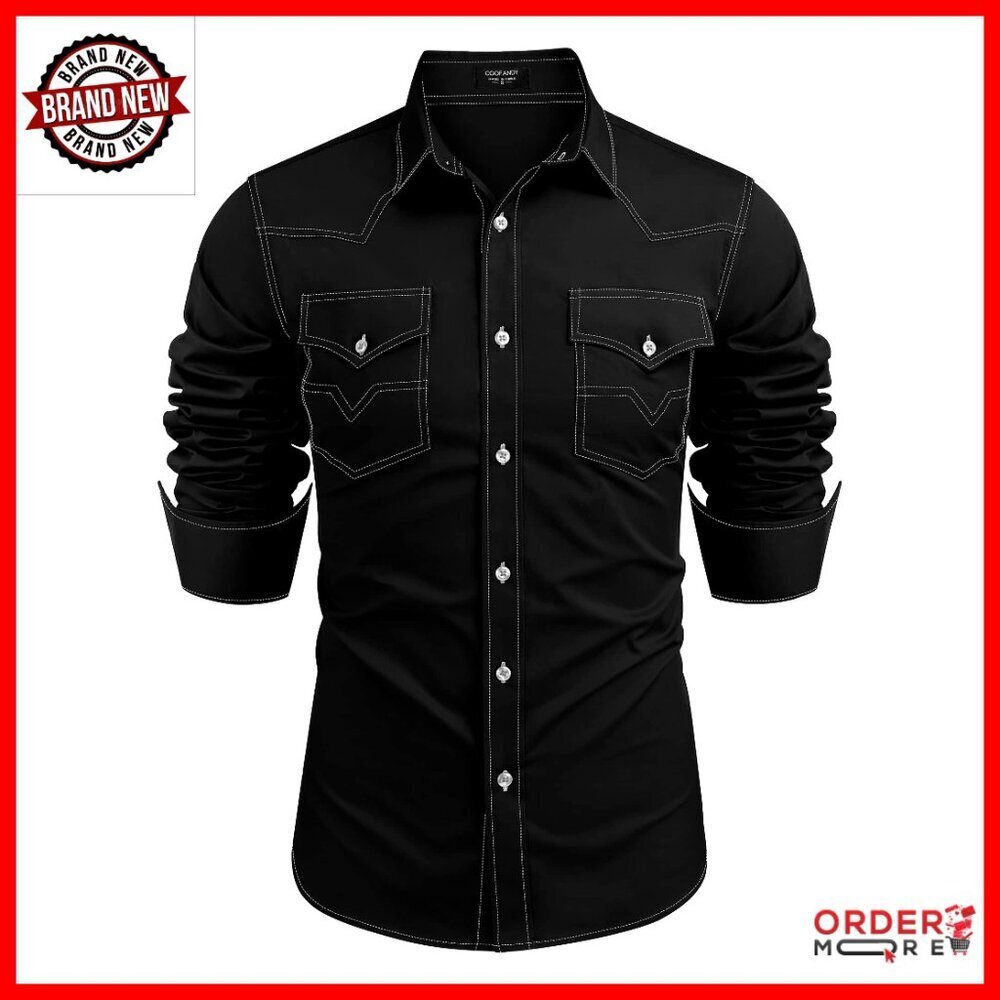 Men's Western Cowboy Shirt Long Sleeve Cotton Button Down Work Shirt